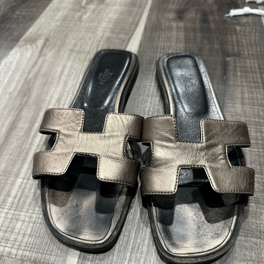 Hermes Oran Metallic Pewter Sandals